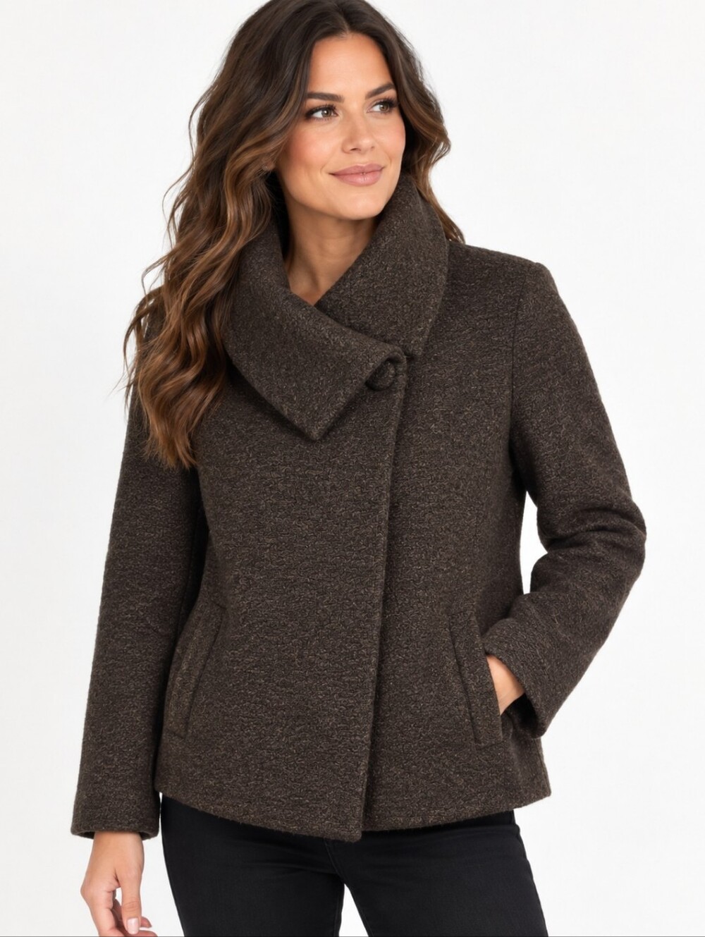 Banana Republic 100% Wool Bouclé Swing Wrap Jacket Brown Size 10